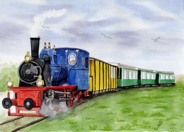 Folienmagnet  Aquarell Maritim Kunst Druck Kunstdruck Nordsee Kleinbahn Inselbahn Bahn Zug Insel Borkum